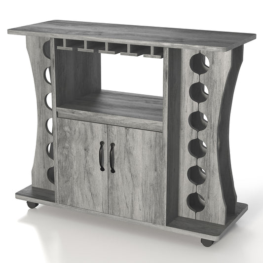 Left angled transitional vintage gray oak two-door mobile bar table with bottle and stemware racks on a white background
