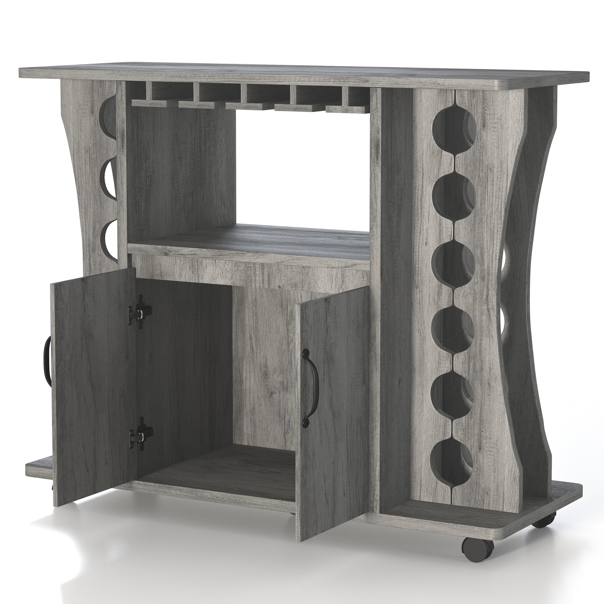 Left angled transitional vintage gray oak two-door mobile bar table with bottle and stemware racks and doors open on a white background