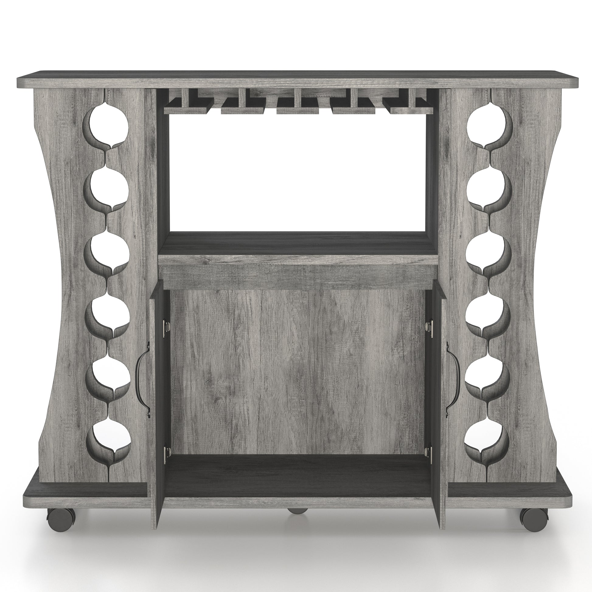 Front-facing transitional vintage gray oak two-door mobile bar table with bottle and stemware racks and doors open on a white background