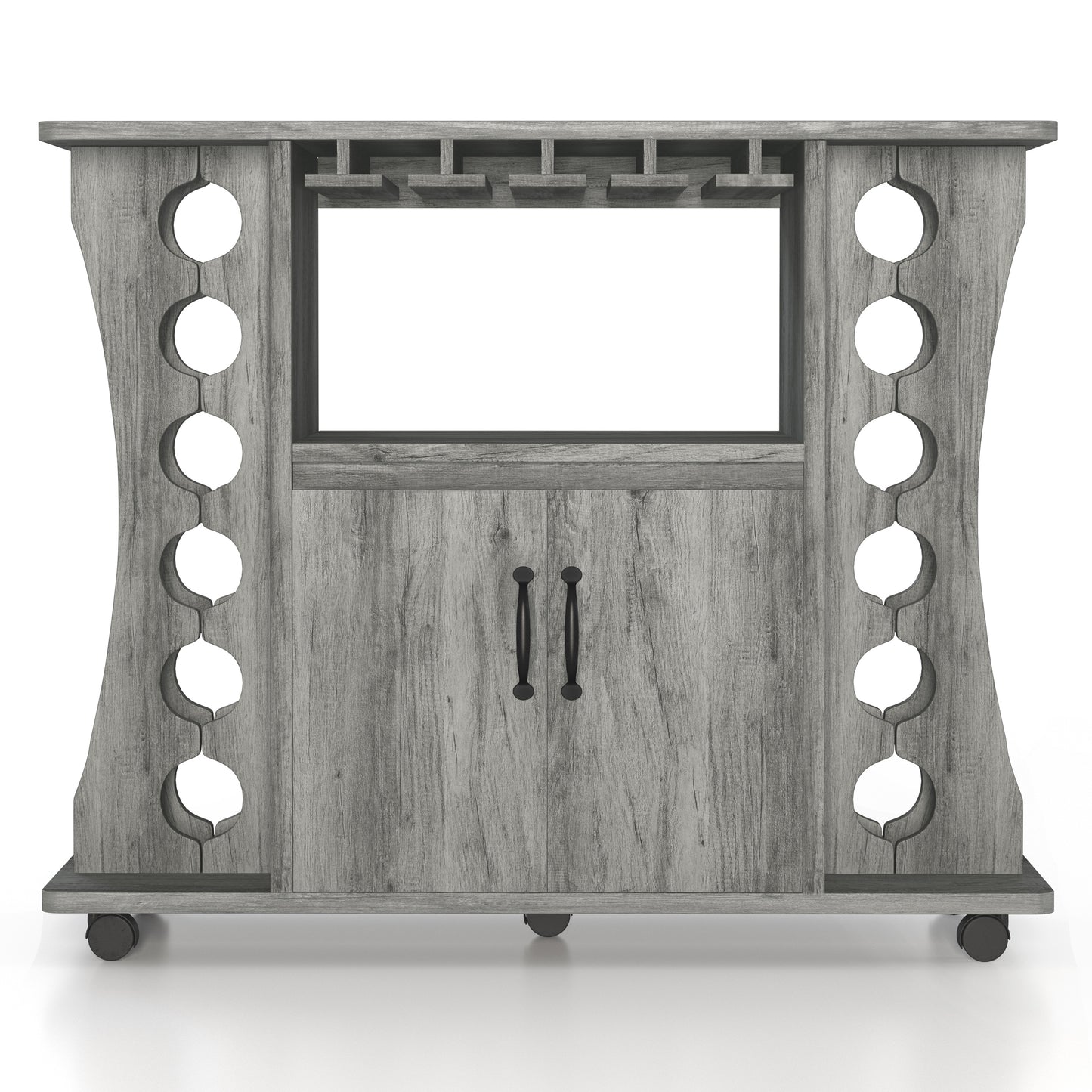 Front-facing transitional vintage gray oak two-door mobile bar table with bottle and stemware racks on a white background