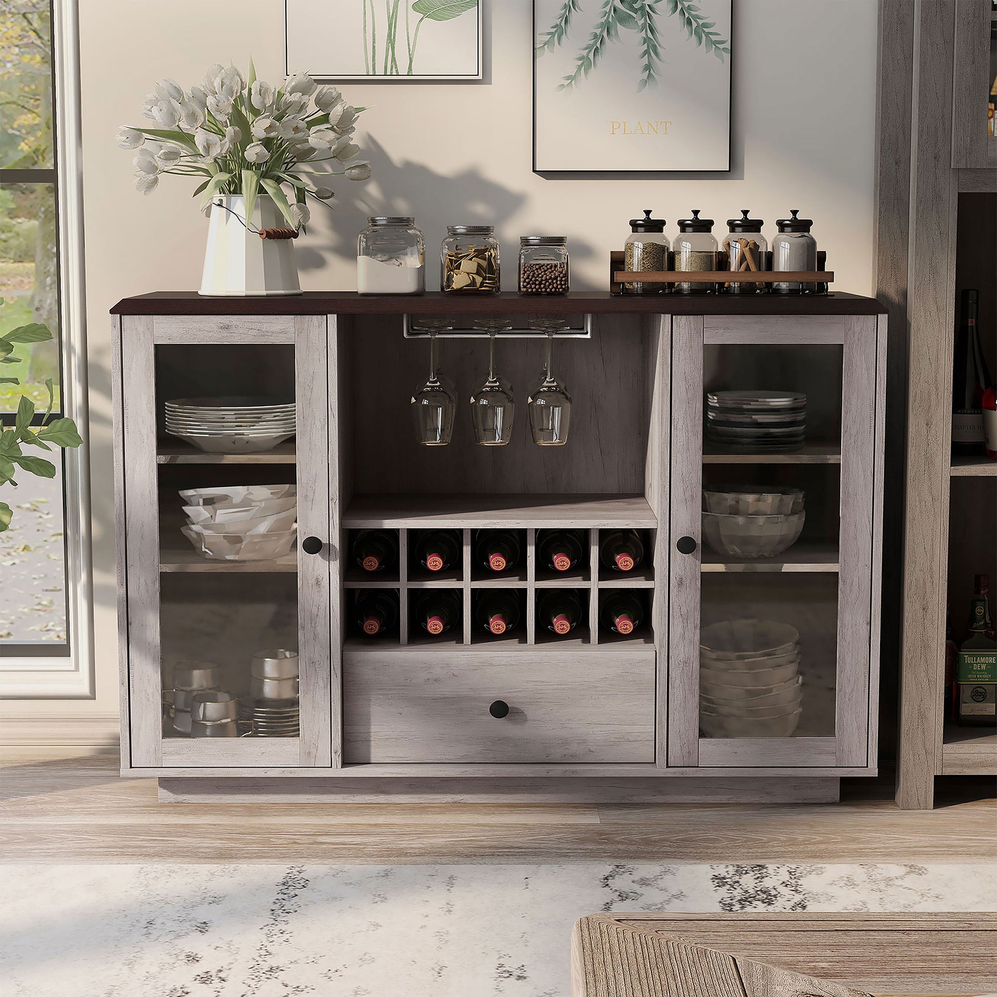 Front-facing transitional coastal white six-shelf 10-bottle wine cabinet with glass doors in a dining room with accessories
