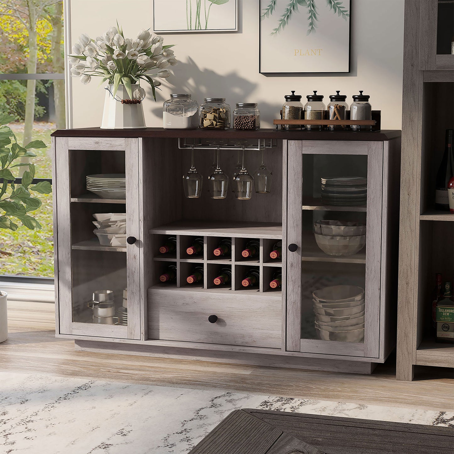 Left angled transitional coastal white six-shelf 10-bottle wine cabinet with glass doors in a dining room with accessories