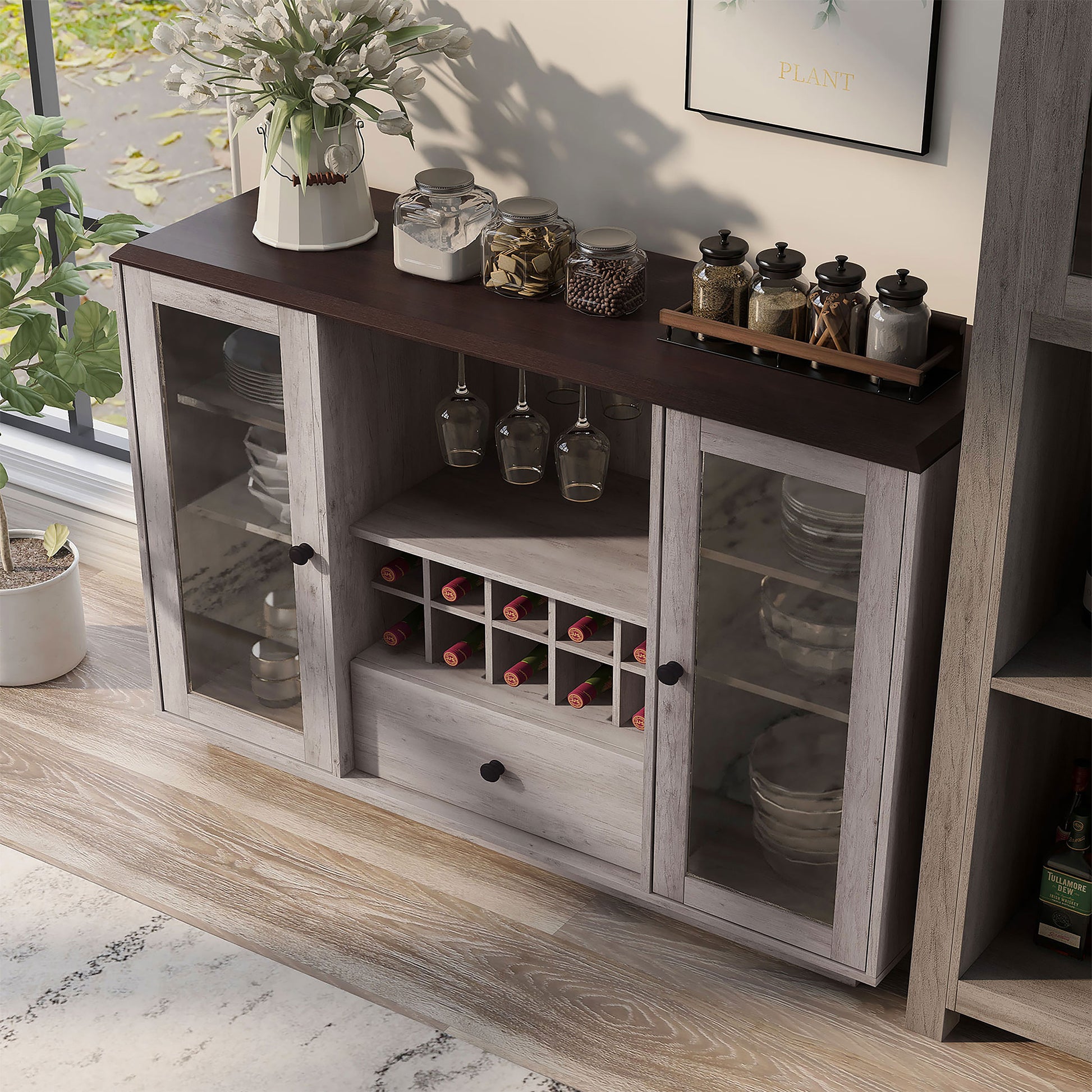 Left angled bird's eye view of a transitional coastal white six-shelf 10-bottle wine cabinet with glass doors in a dining room with accessories