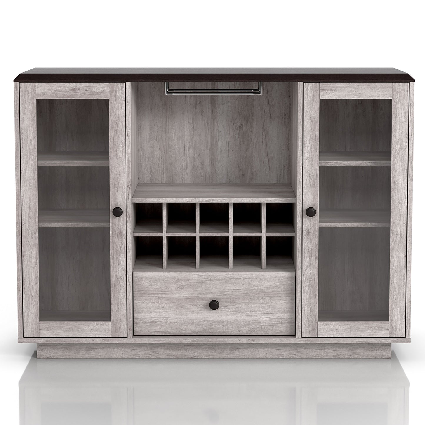Front-facing transitional coastal white six-shelf 10-bottle wine cabinet with glass doors on a white background