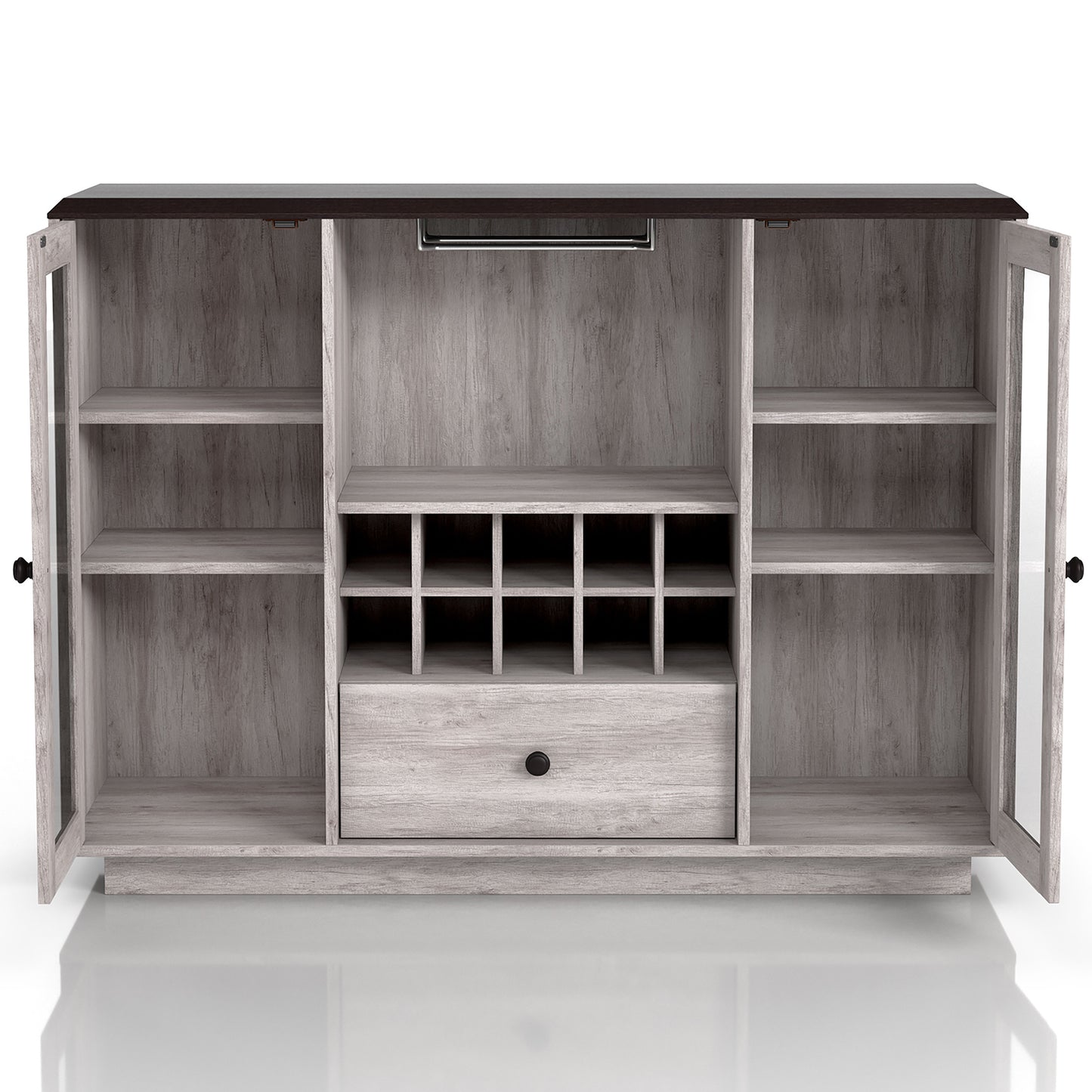 Front-facing transitional coastal white six-shelf 10-bottle wine cabinet with glass doors open on a white background
