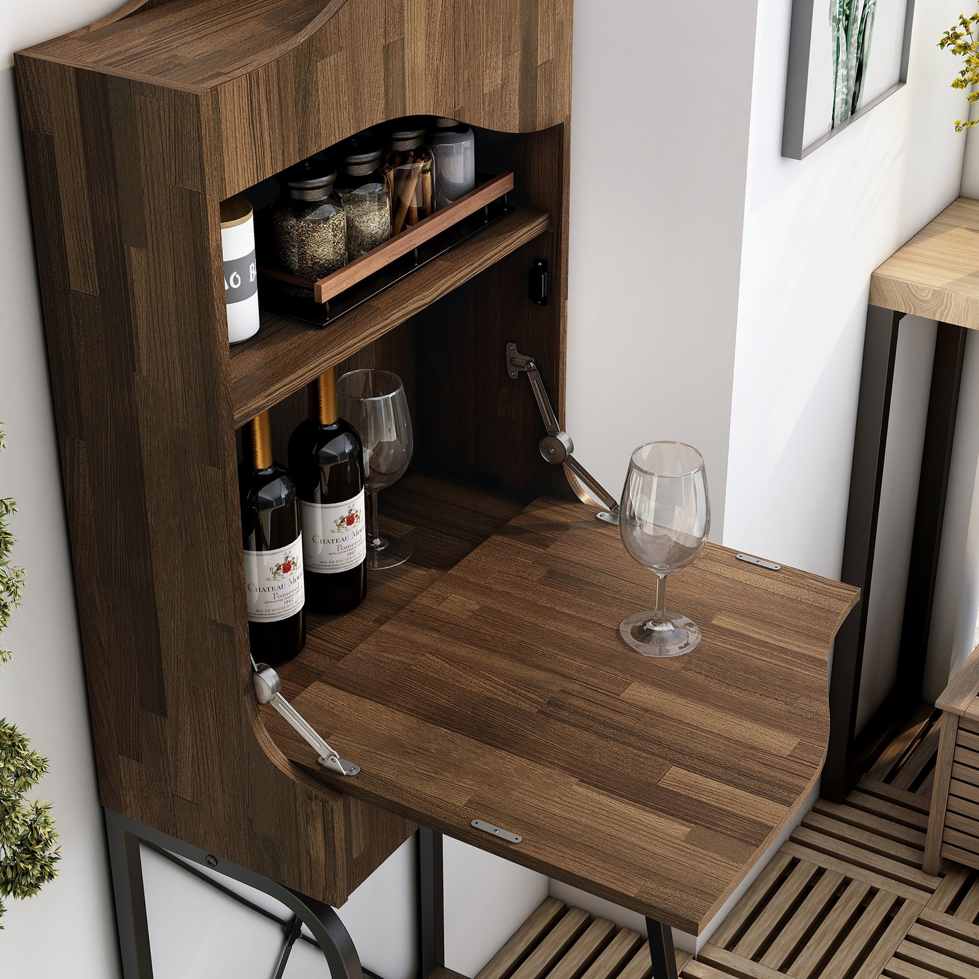 Right angled close-up view of a transitional light hickory two-shelf mini bar with drop-front tabletop down in a living area with accessories