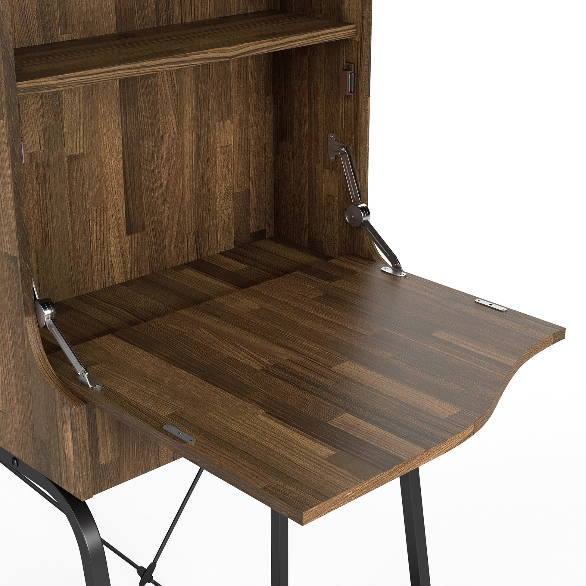 Right angled close-up view of a transitional light hickory two-shelf mini bar with drop-front tabletop down on a white background