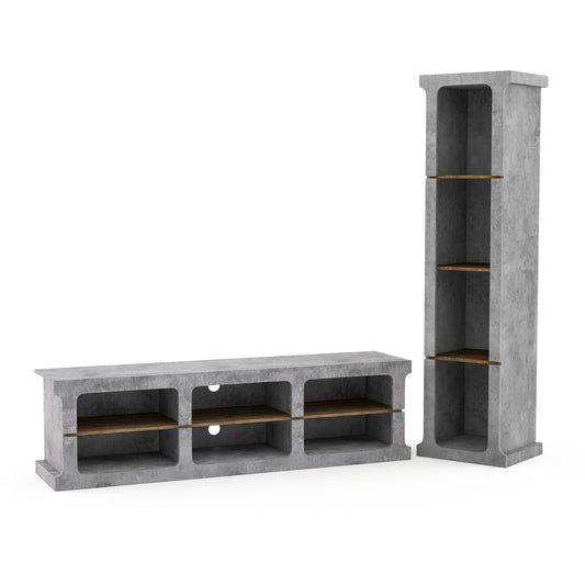 Right angled industrial cement and wood two-piece TV stand and media tower set on a white background