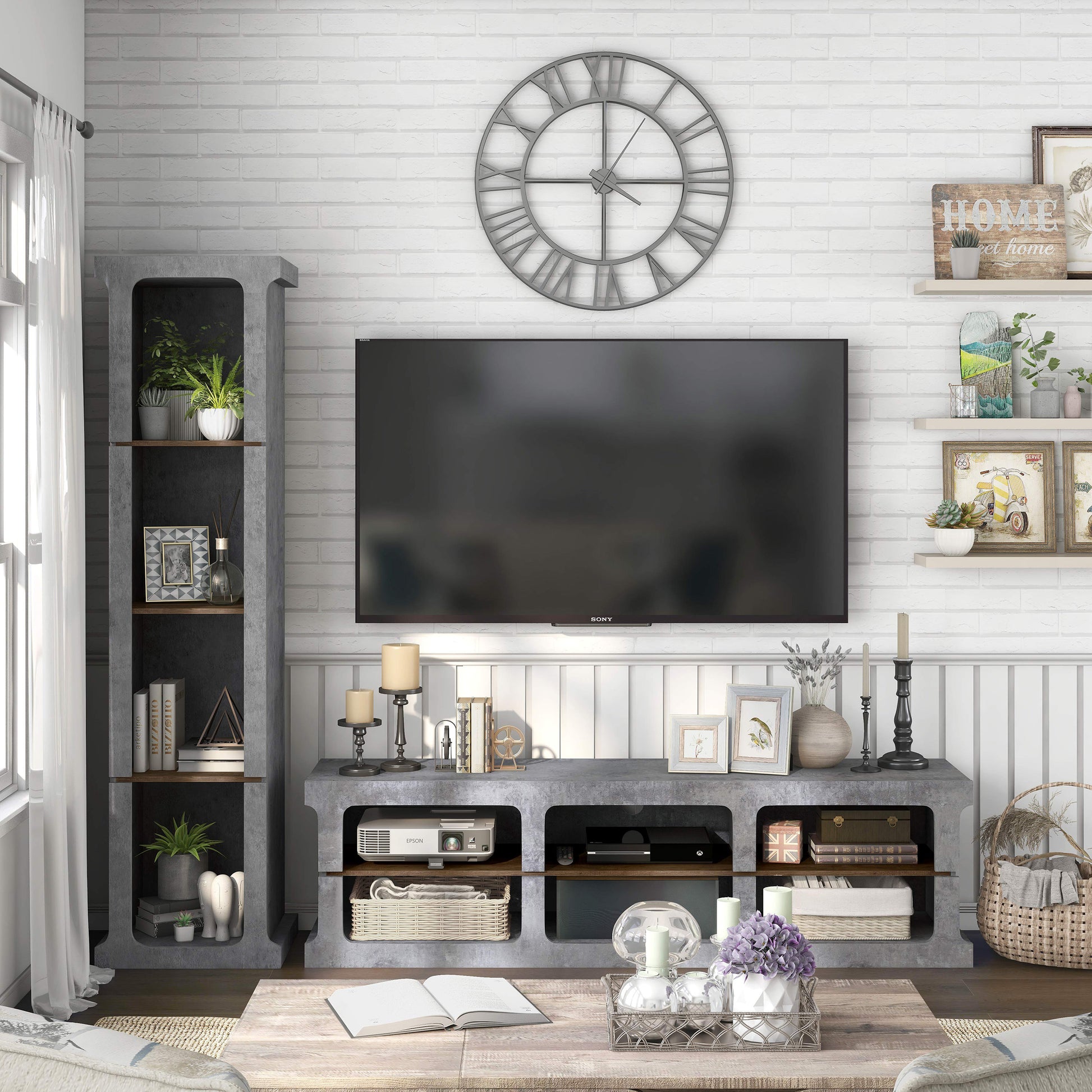 Front-facing industrial cement and wood two-piece TV stand and media tower set in a living area with accessories