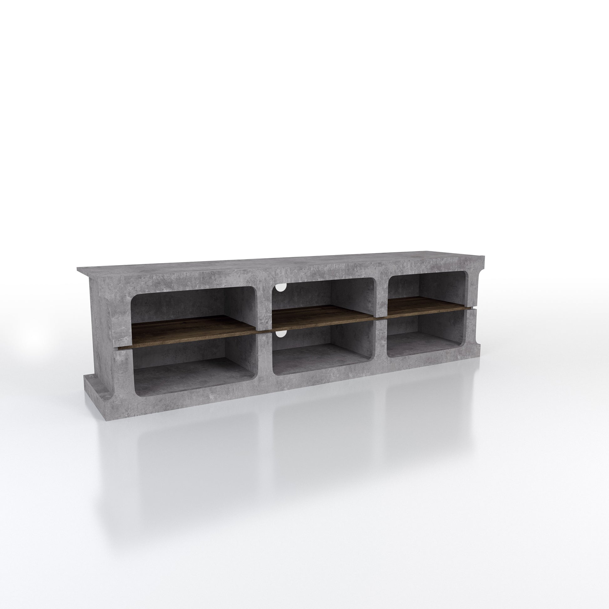 Right angled console only from an industrial cement and wood two-piece TV stand and media tower set on a white background