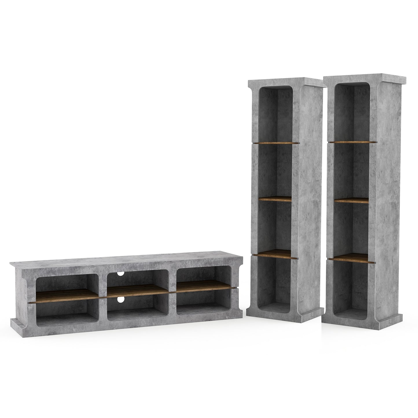 Right angled industrial cement and wood three-piece TV stand and media tower set on a white background