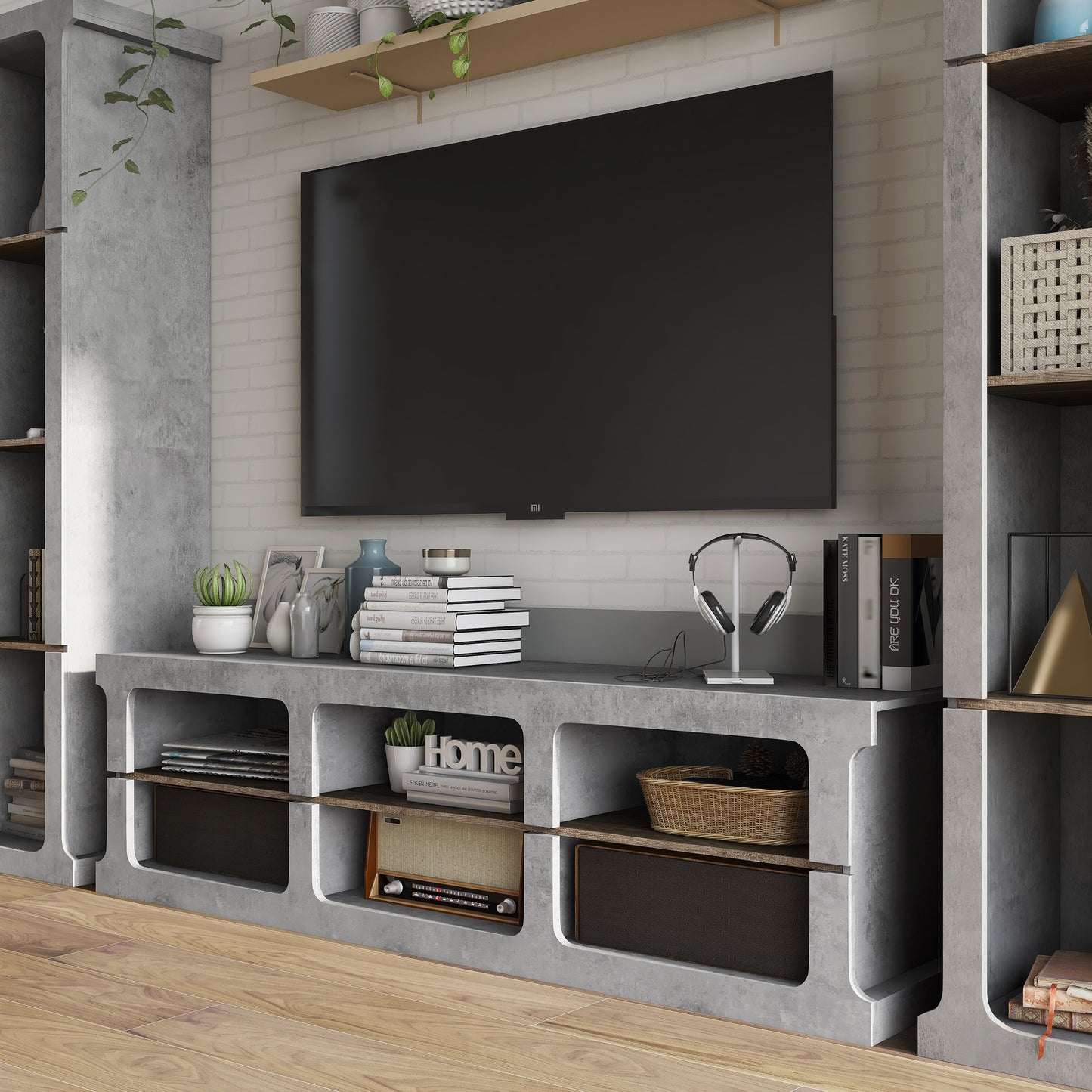 Left angled console close-up from an industrial cement and wood three-piece TV stand and media tower set in a living area with accessories