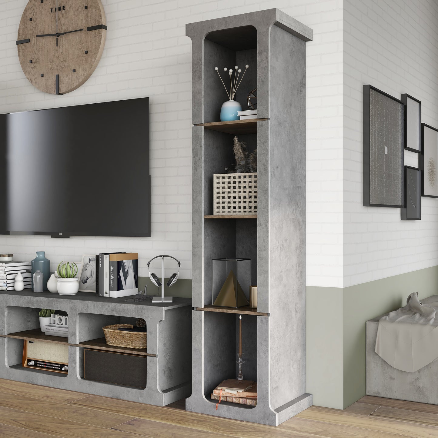 Left angled tower close-up from an industrial cement and wood three-piece TV stand and media tower set in a living area with accessories