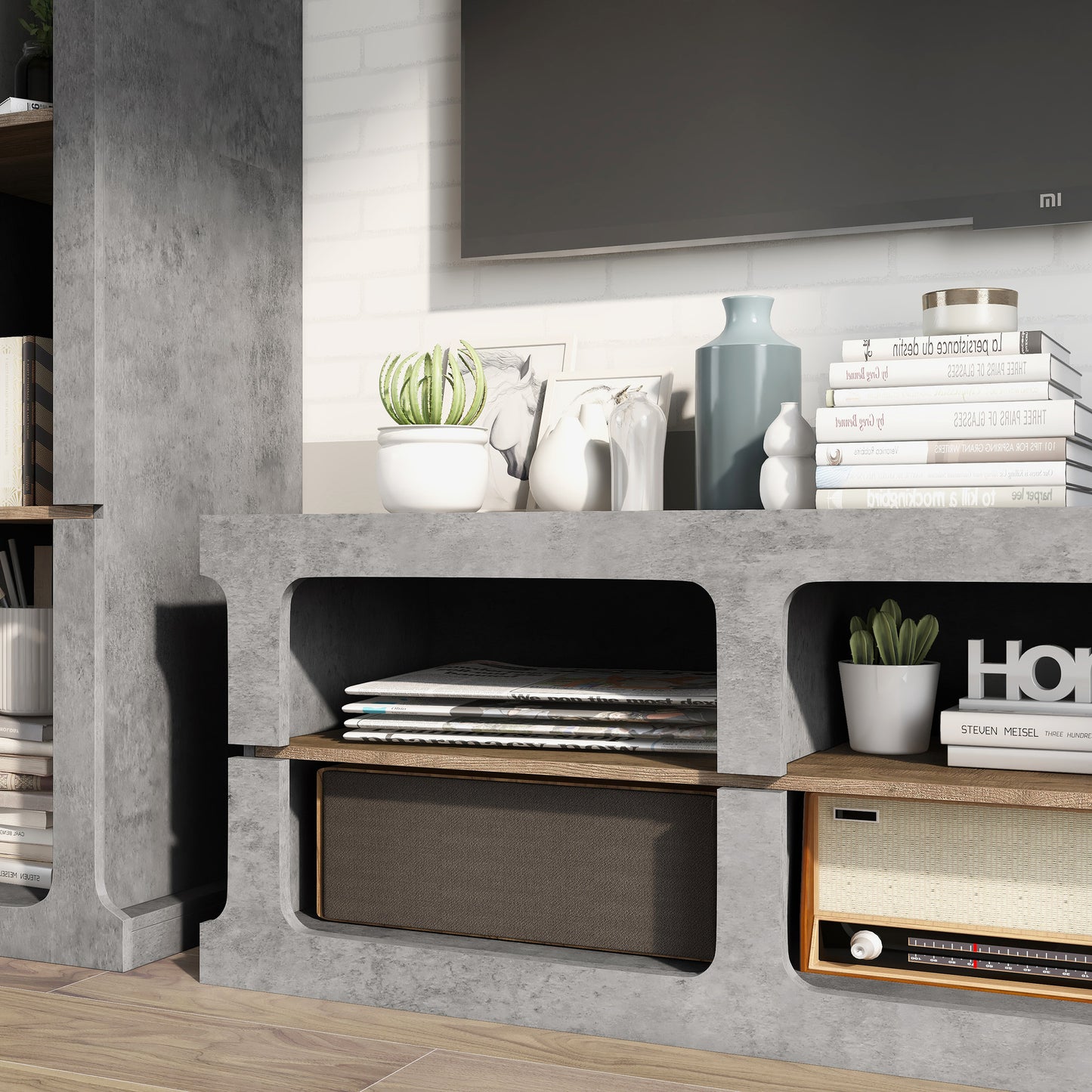 Left angled console only close-up from an industrial cement and wood three-piece TV stand and media tower set in a living area with accessories