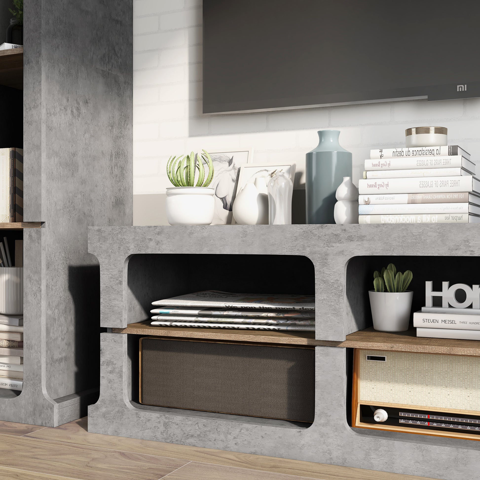 Left angled console only close-up from an industrial cement and wood three-piece TV stand and media tower set in a living area with accessories