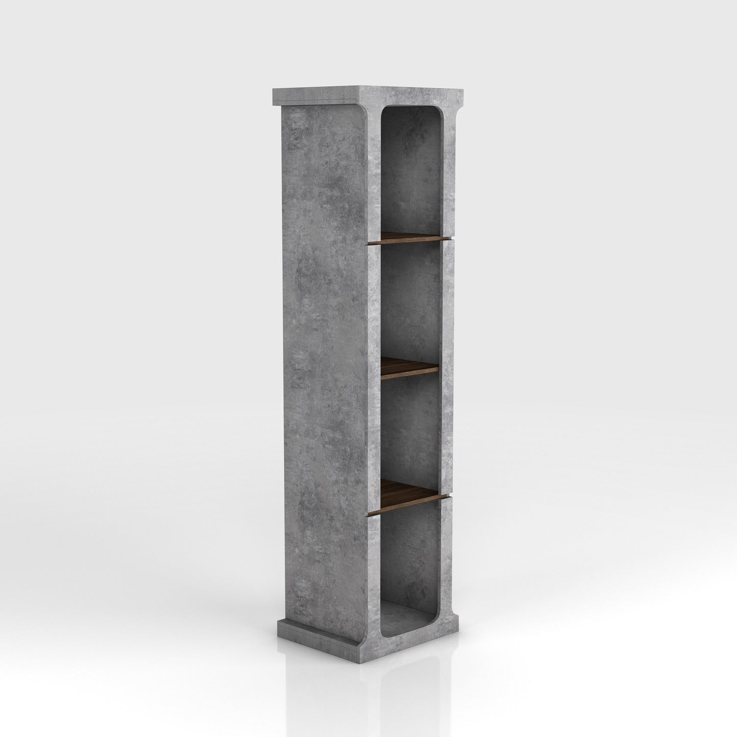Right angled industrial cement and wood four-shelf media tower on a white background