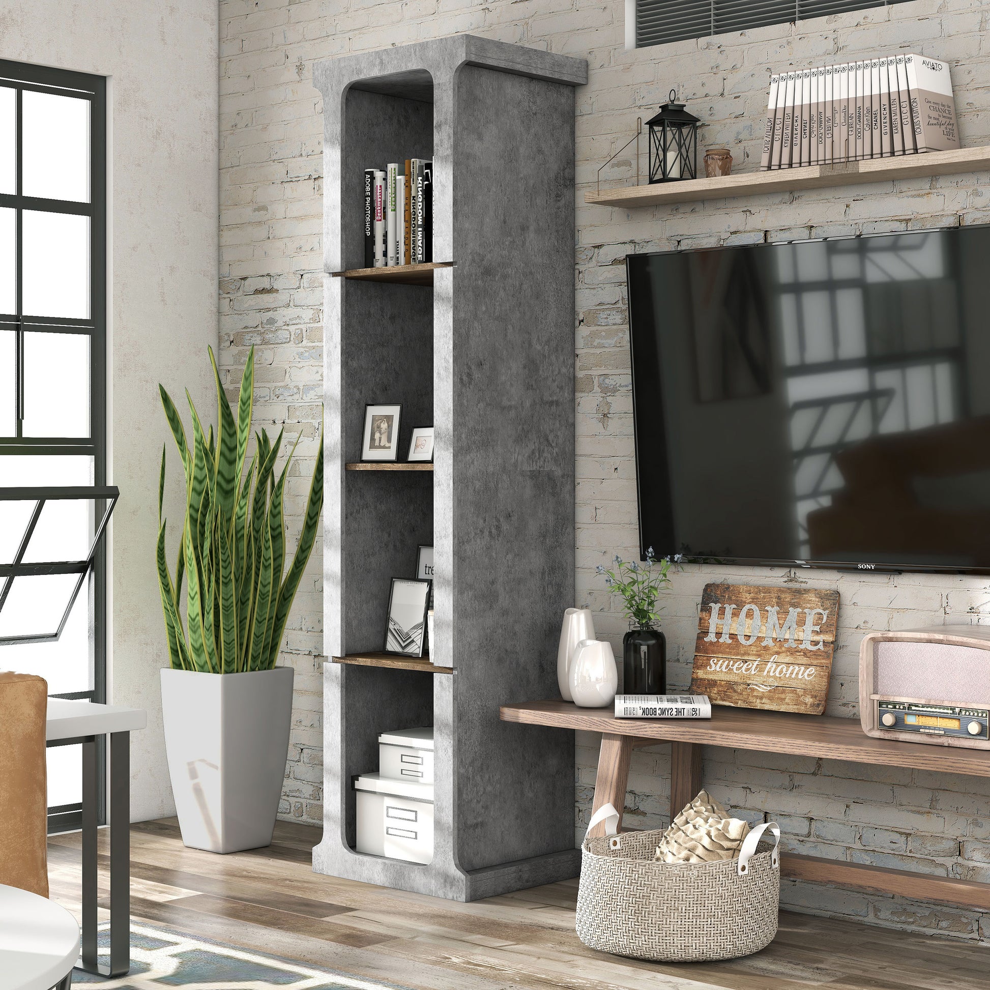 Left angled industrial cement and wood four-shelf media tower in a living room with accessories