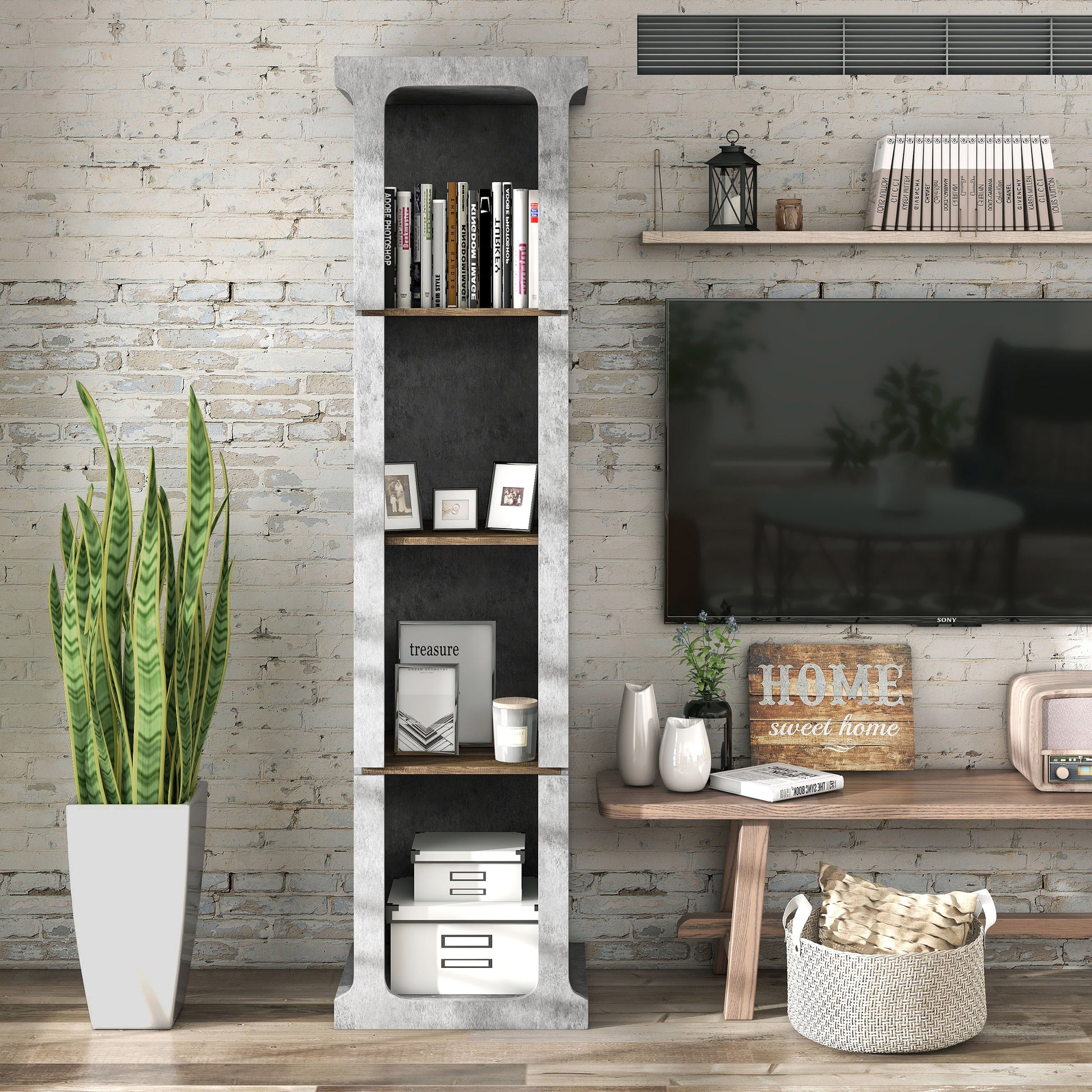 Front-facing industrial cement and wood four-shelf media tower in a living room with accessories