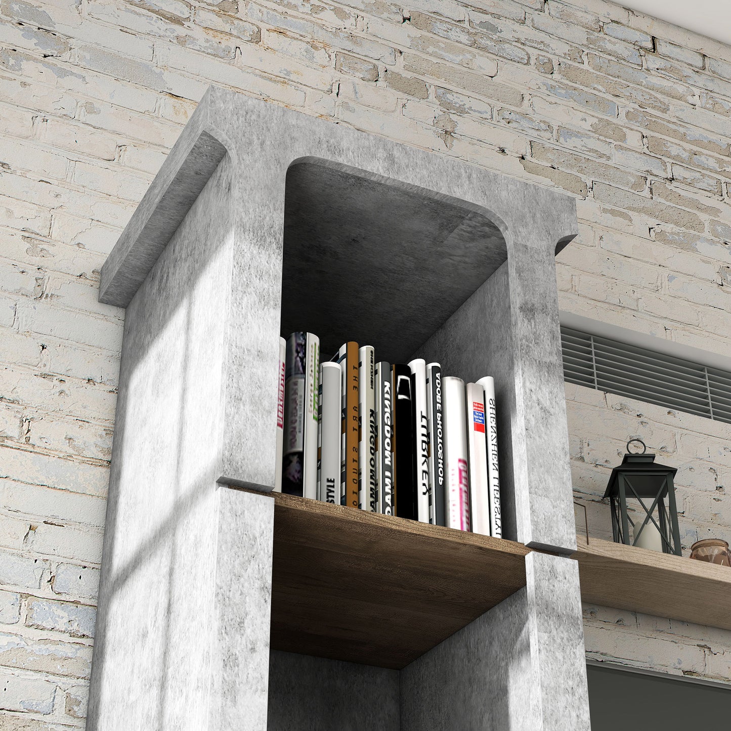 Right angled upper shelf close-up view of an industrial cement and wood four-shelf media tower in a living room with accessories