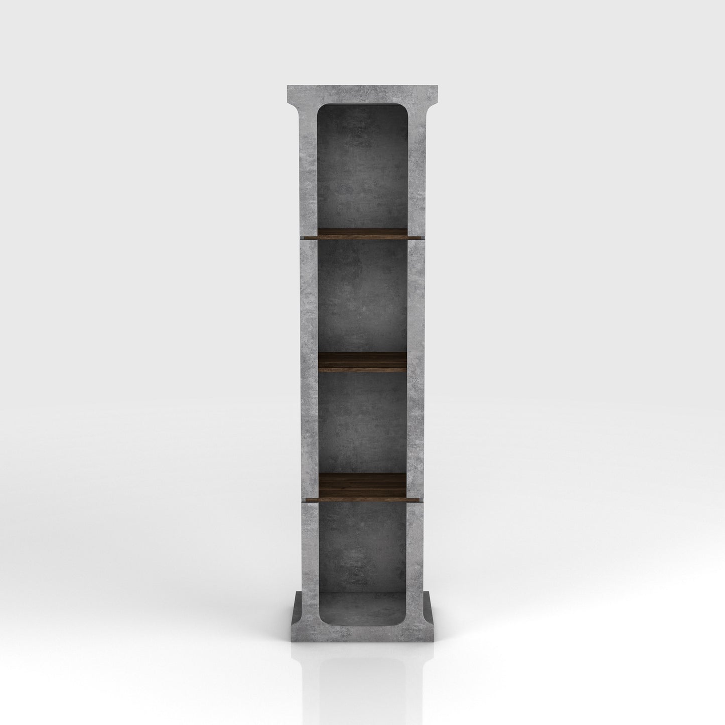 Front-facing industrial cement and wood four-shelf media tower on a white background