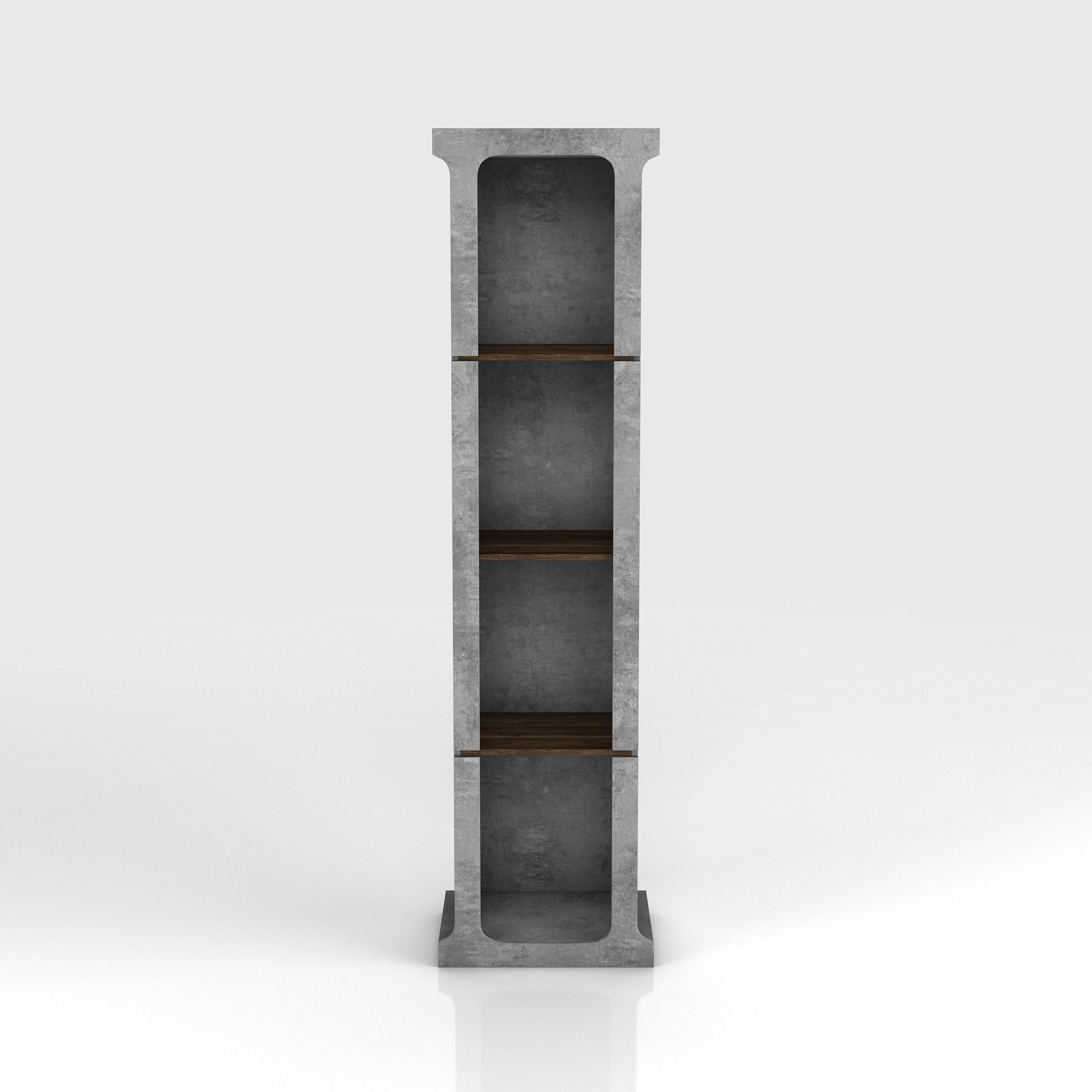 Front-facing industrial cement and wood four-shelf media tower on a white background