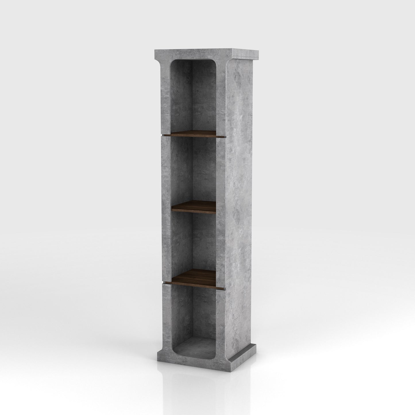 Left angled industrial cement and wood four-shelf media tower on a white background