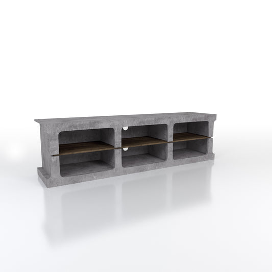 Right angled industrial cement and wood six-shelf TV stand on a white background