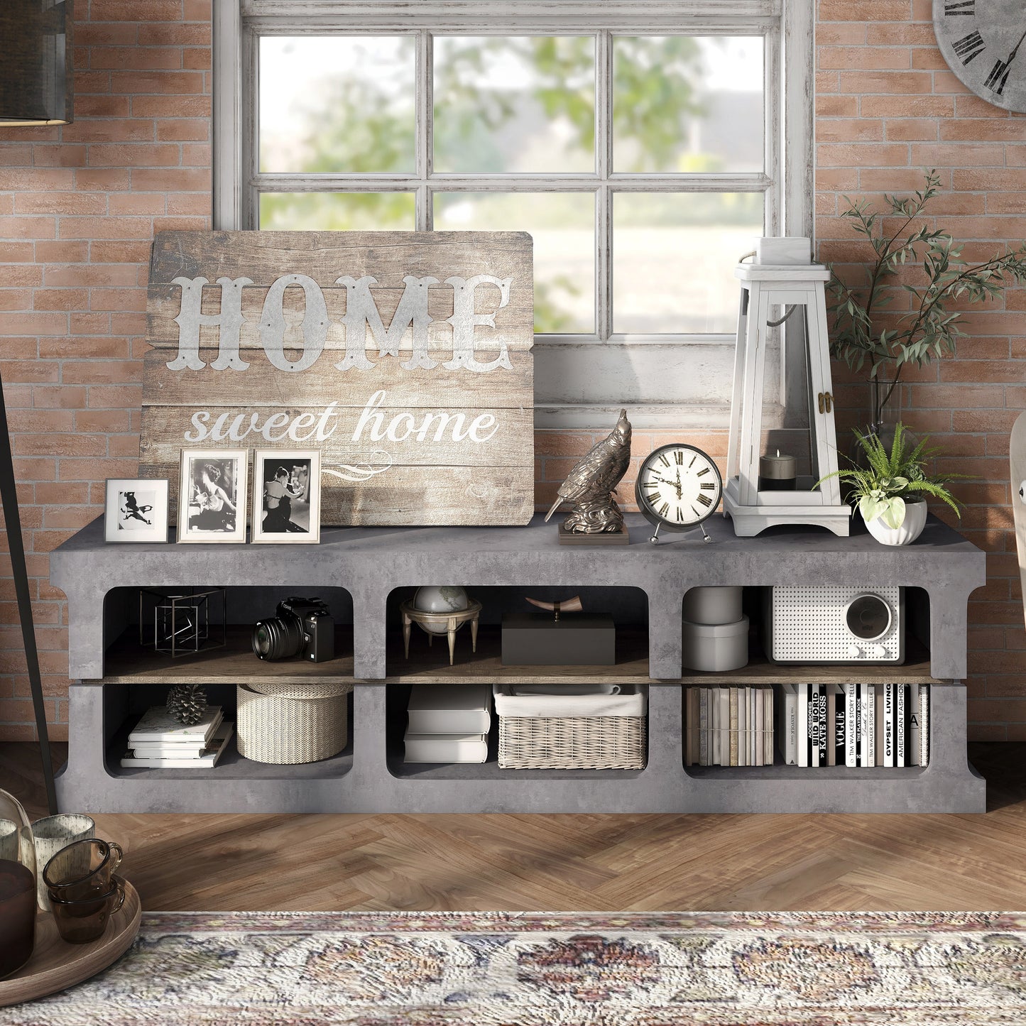 Front-facing industrial cement and wood six-shelf TV stand in a living area with accessories
