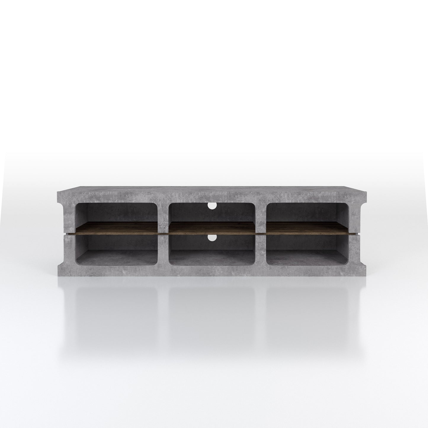 Front-facing industrial cement and wood six-shelf TV stand on a white background