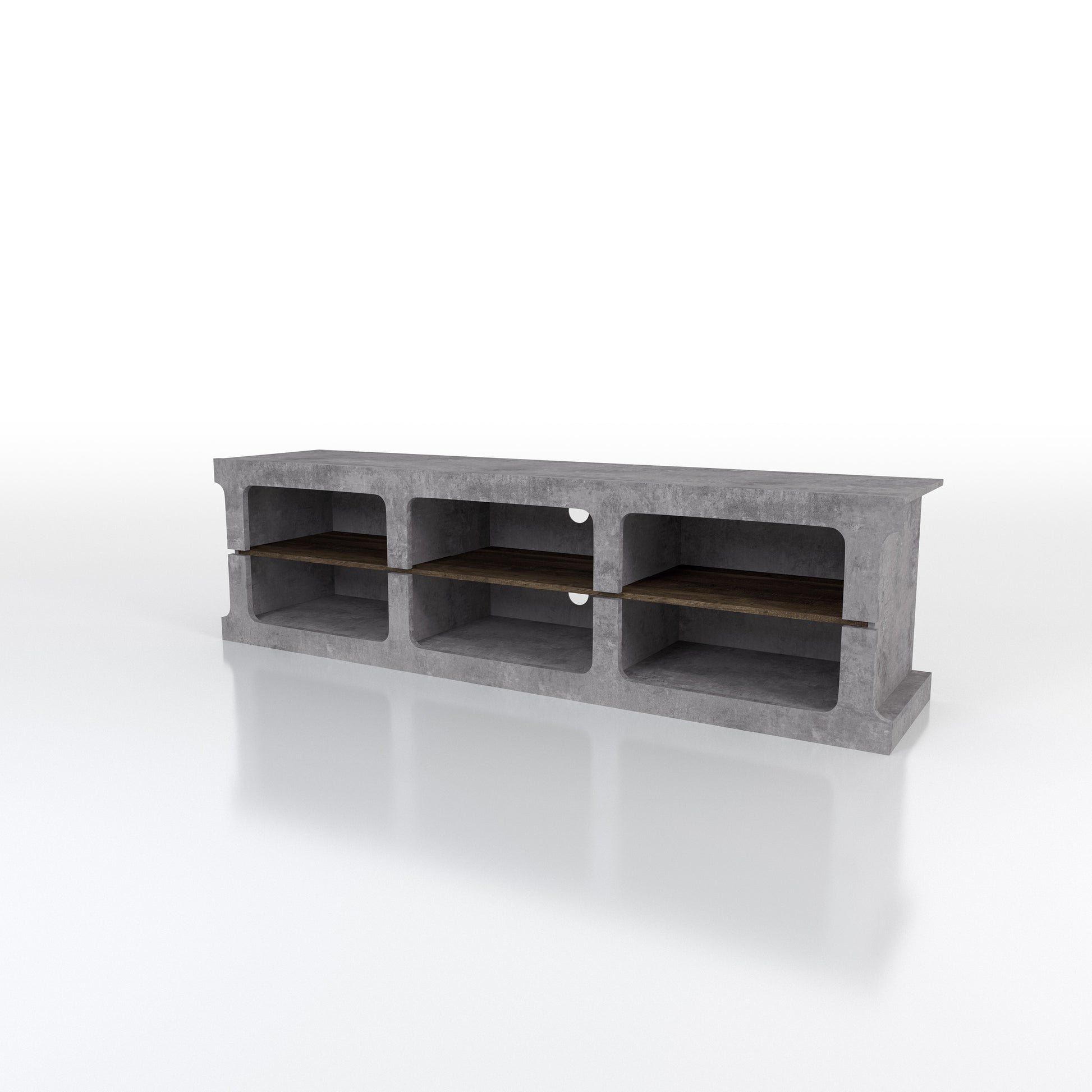 Left angled industrial cement and wood six-shelf TV stand on a white background