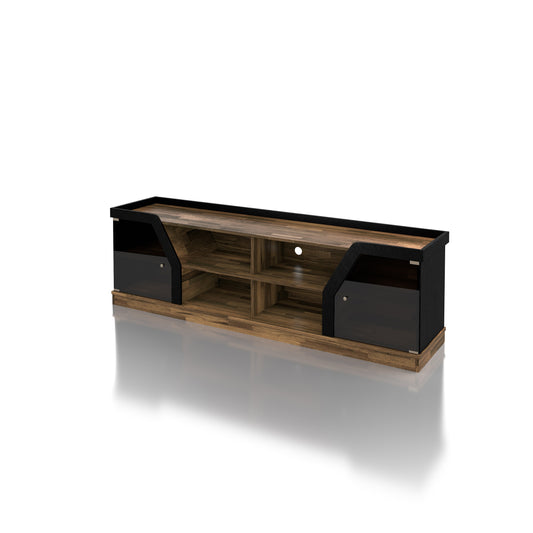 Left angled contemporary light hickory and black glass multi-shelf TV console on a white background