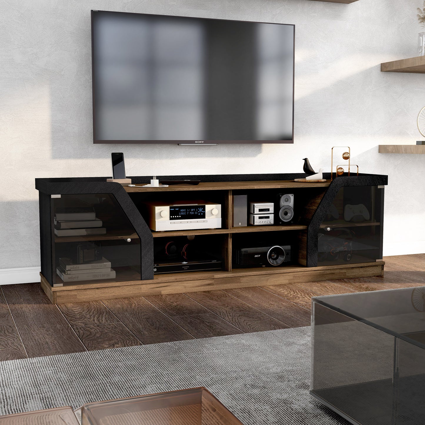 Right angled contemporary light hickory and black glass multi-shelf TV console in a living room with accessories