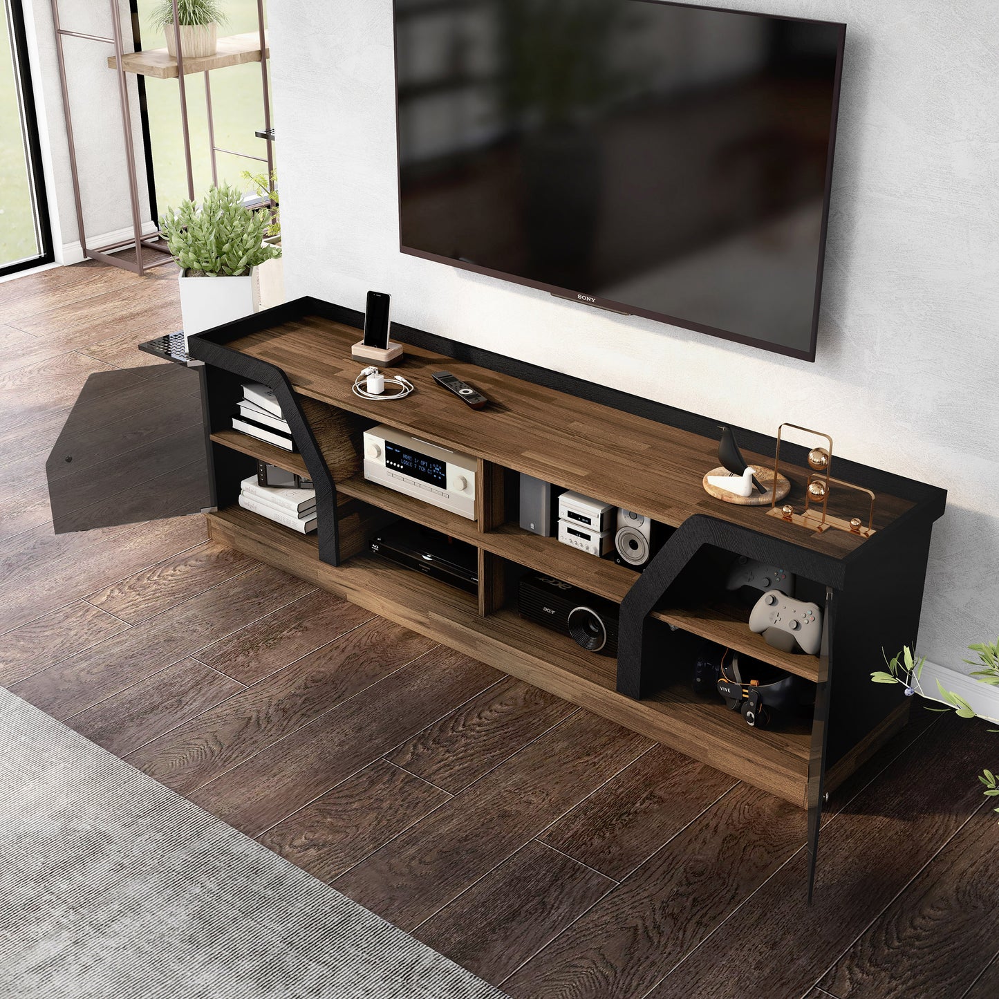 Left angled bird's eye view of a contemporary light hickory and black glass multi-shelf TV console with doors open in a living room with accessories