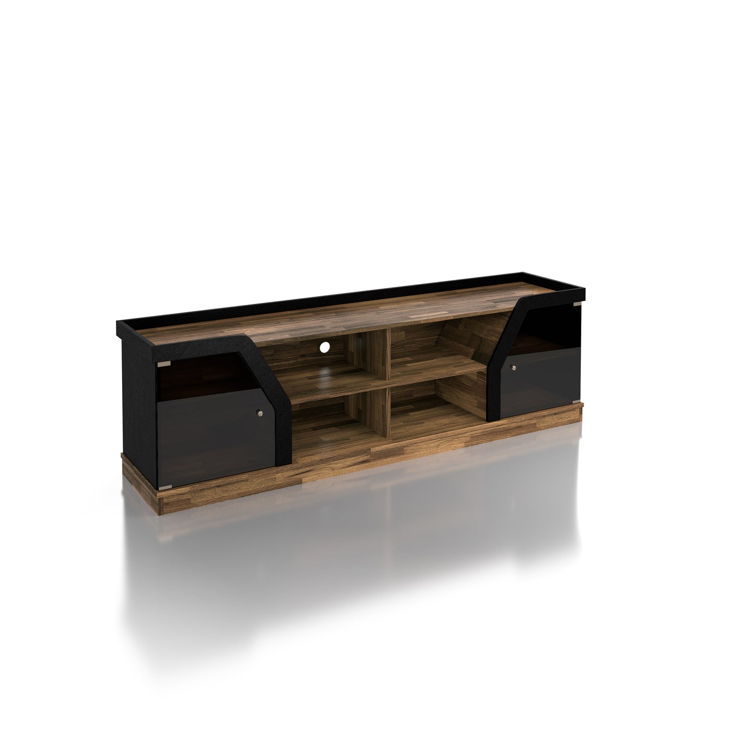 Right angled contemporary light hickory and black glass multi-shelf TV console on a white background