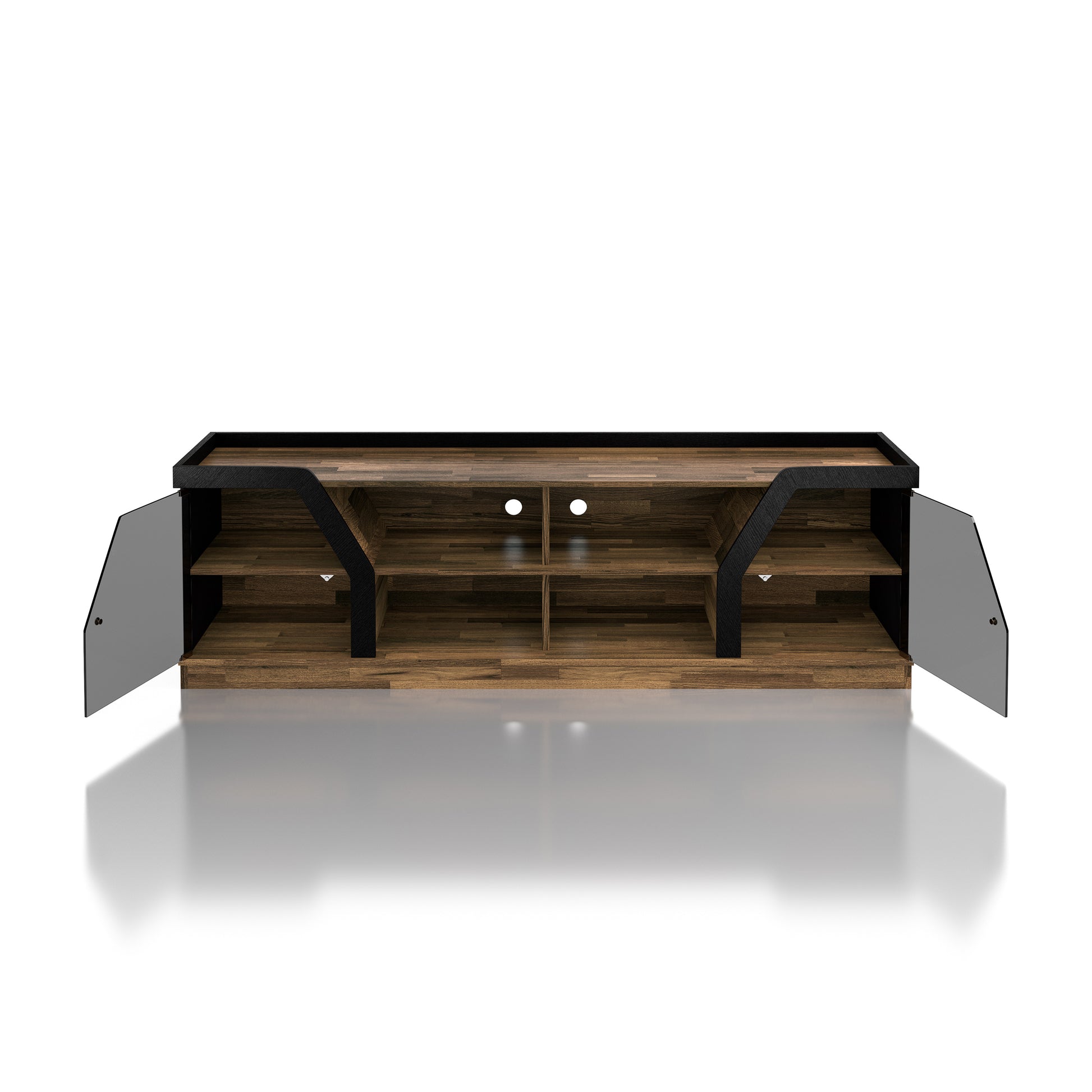 Front-facing contemporary light hickory and black glass multi-shelf TV console with doors open on a white background