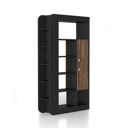 Right angled contemporary black 13-shelf two-sided bookcase with wood doors on a white background