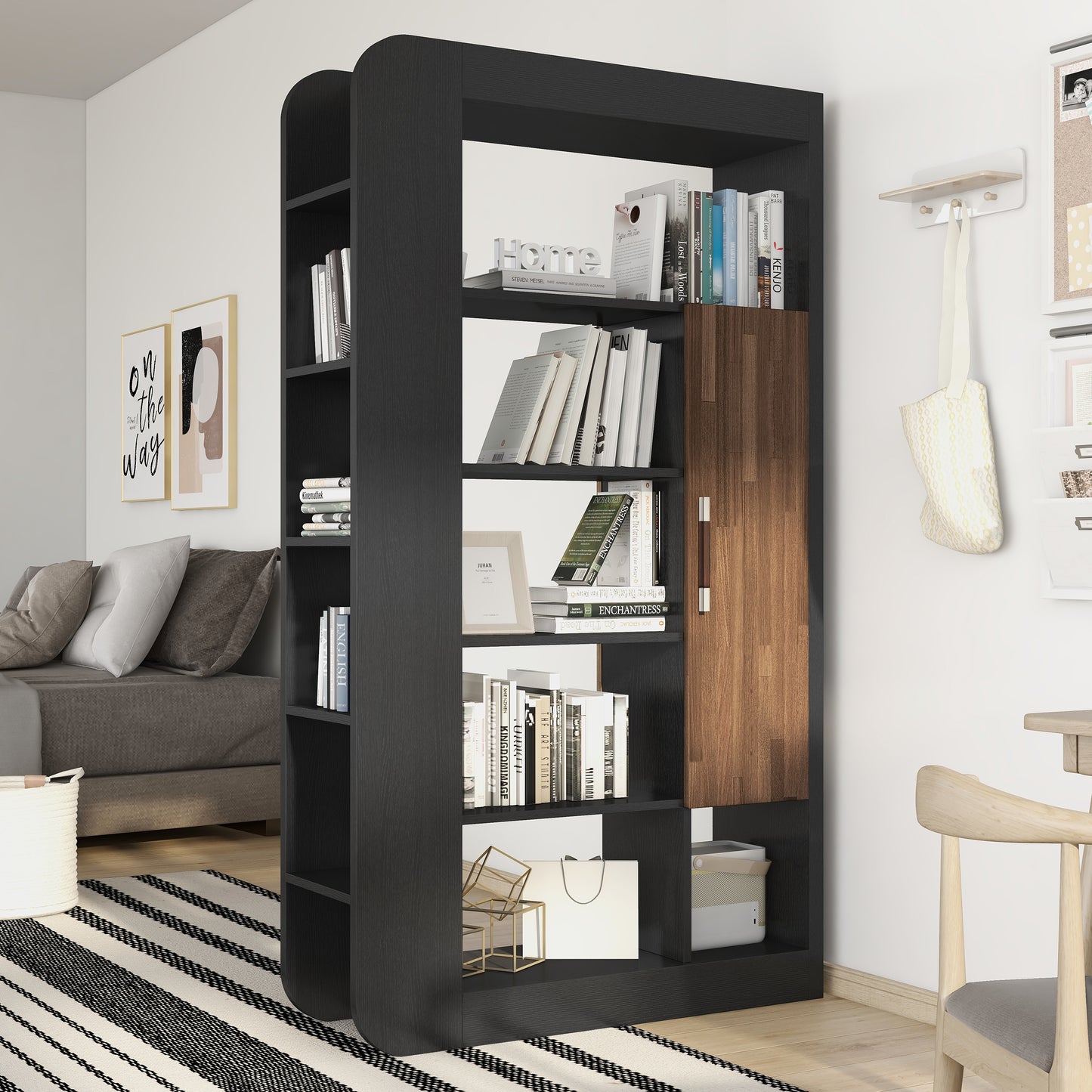 Right angled contemporary black 13-shelf two-sided bookcase with wood doors in a bedroom with accessories