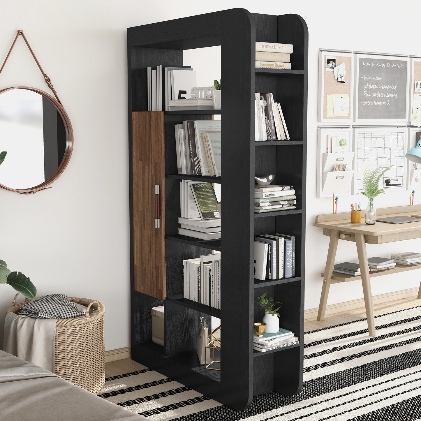 Left angled contemporary black 13-shelf two-sided bookcase with wood doors in a bedroom with accessories