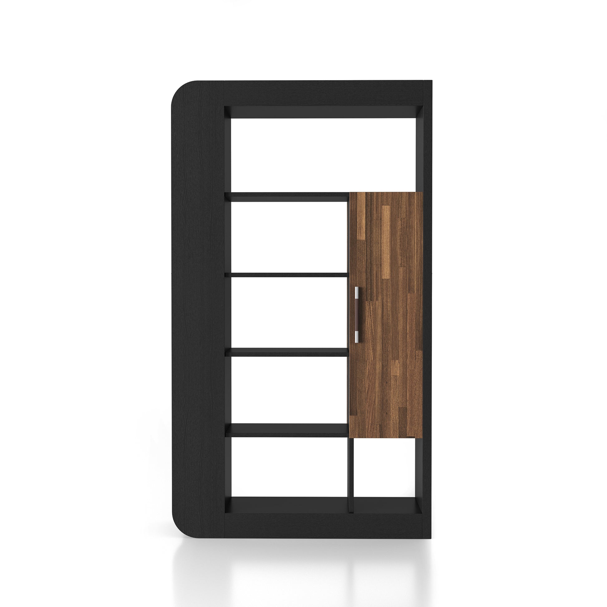 Front-facing contemporary black 13-shelf two-sided bookcase with wood doors on a white background