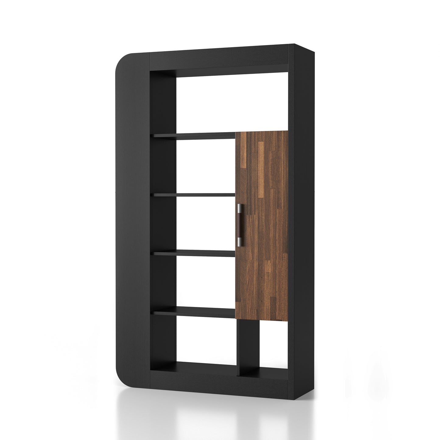 Left angled contemporary black 13-shelf two-sided bookcase with wood doors on a white background