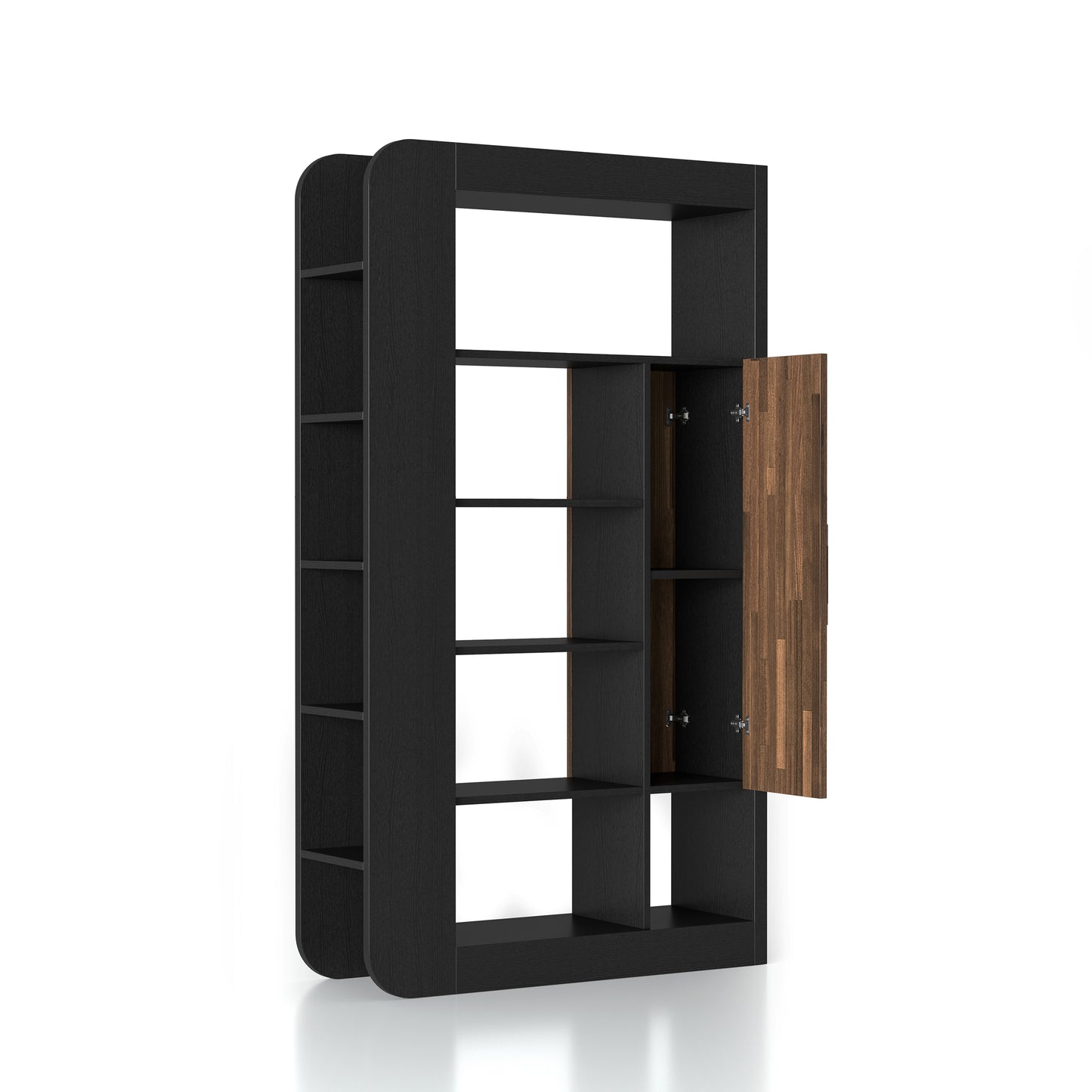Right angled contemporary black 13-shelf two-sided bookcase with wood door two-sided on a white background