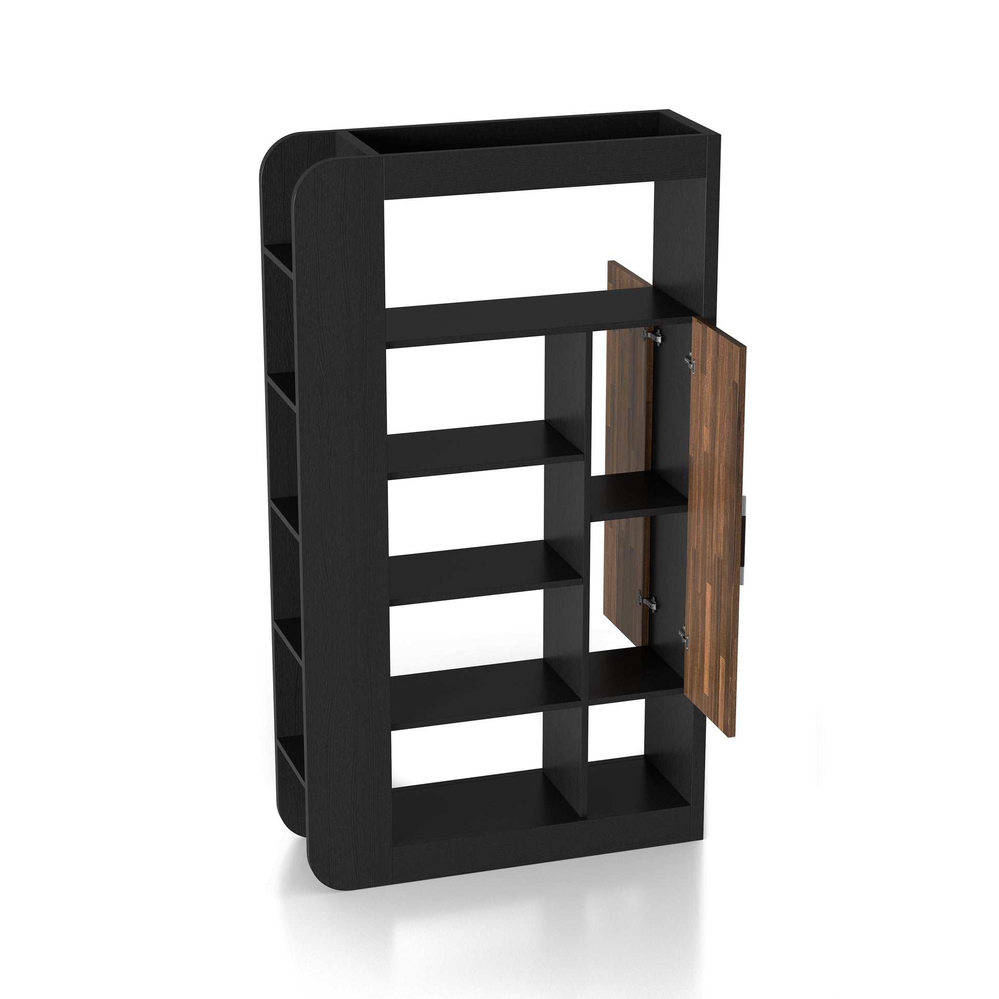 Right angled contemporary black 13-shelf two-sided bookcase with both wood doors two-sided on a white background