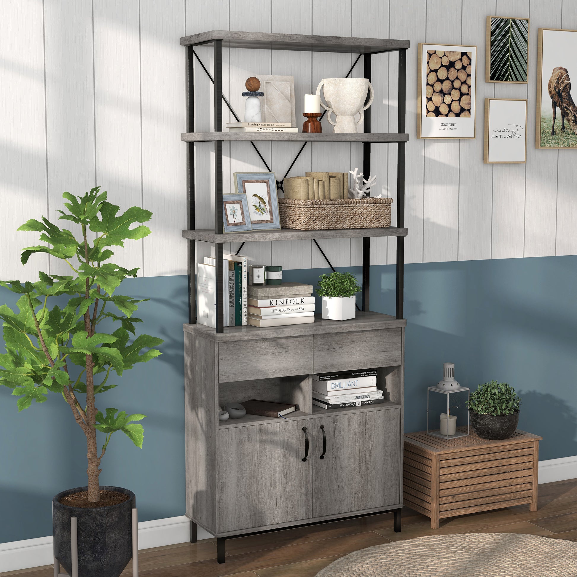 Right angled farmhouse vintage gray oak five-shelf two-drawer bookcase with lower cabinet in a living area with accessories