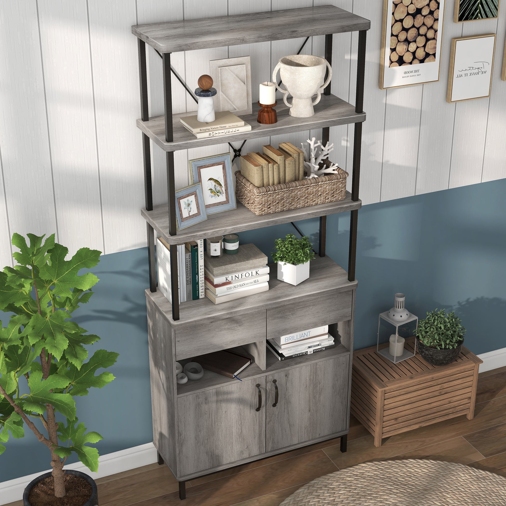 Right angled bird's eye view of a farmhouse vintage gray oak five-shelf two-drawer bookcase with lower cabinet in a living area with accessories