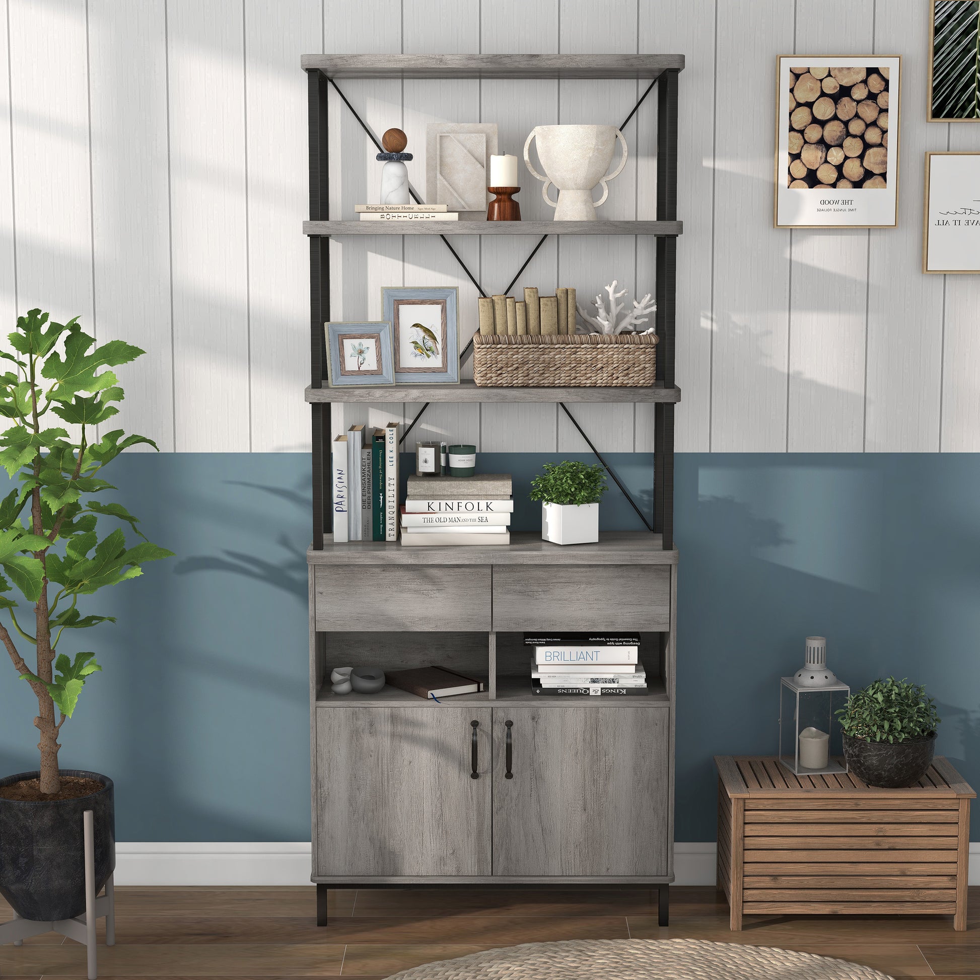 Front-facing farmhouse vintage gray oak five-shelf two-drawer bookcase with lower cabinet in a living area with accessories