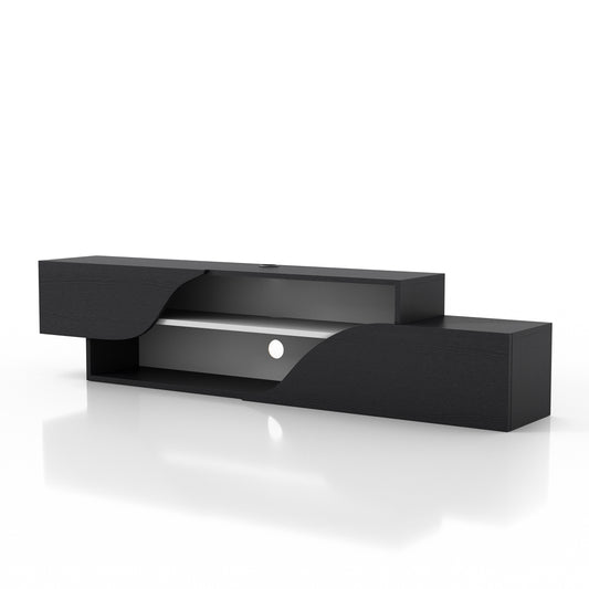 Left angled transitional black and white two-shelf floating TV stand on a white background