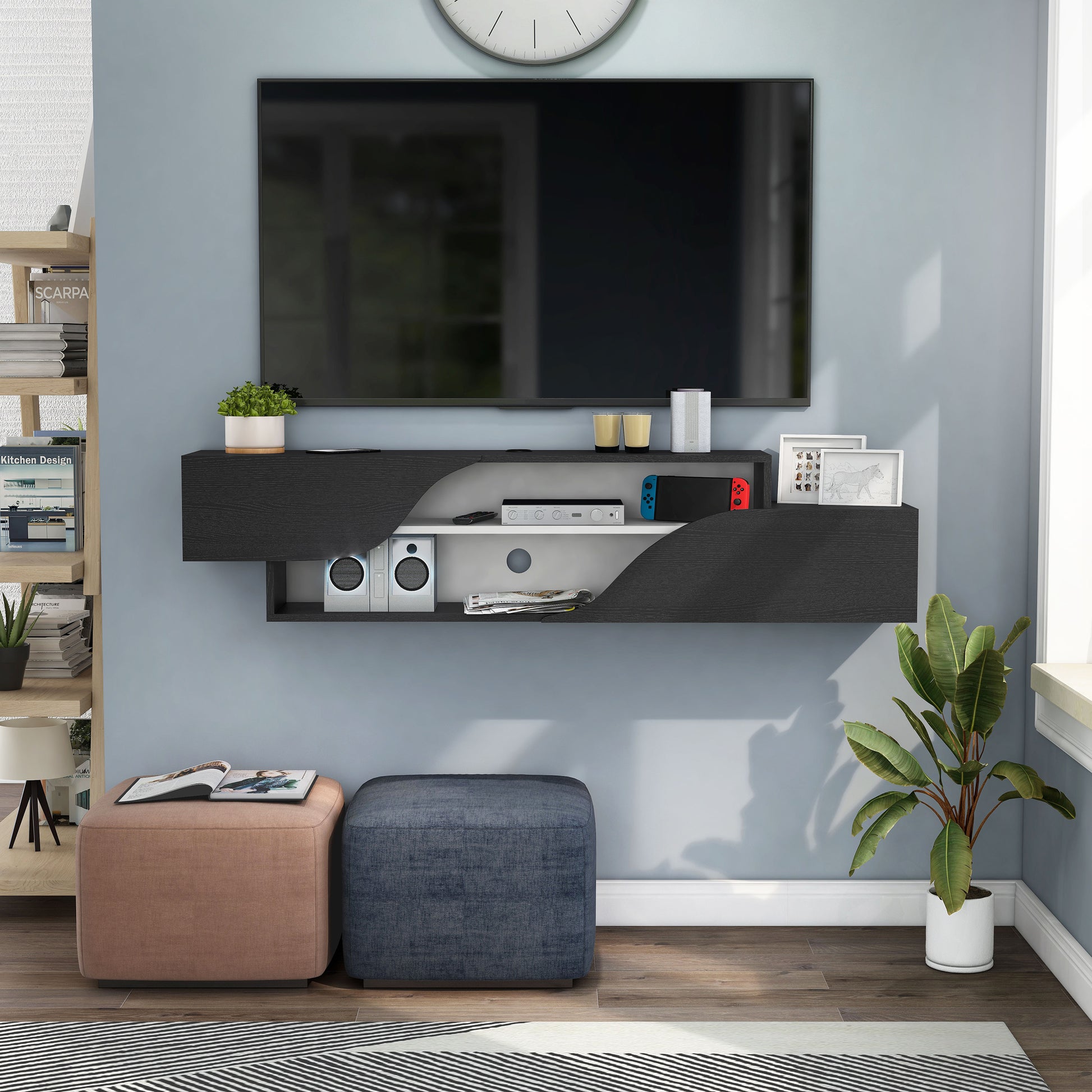 Front-facing transitional black and white two-shelf floating TV stand in a living room with accessories