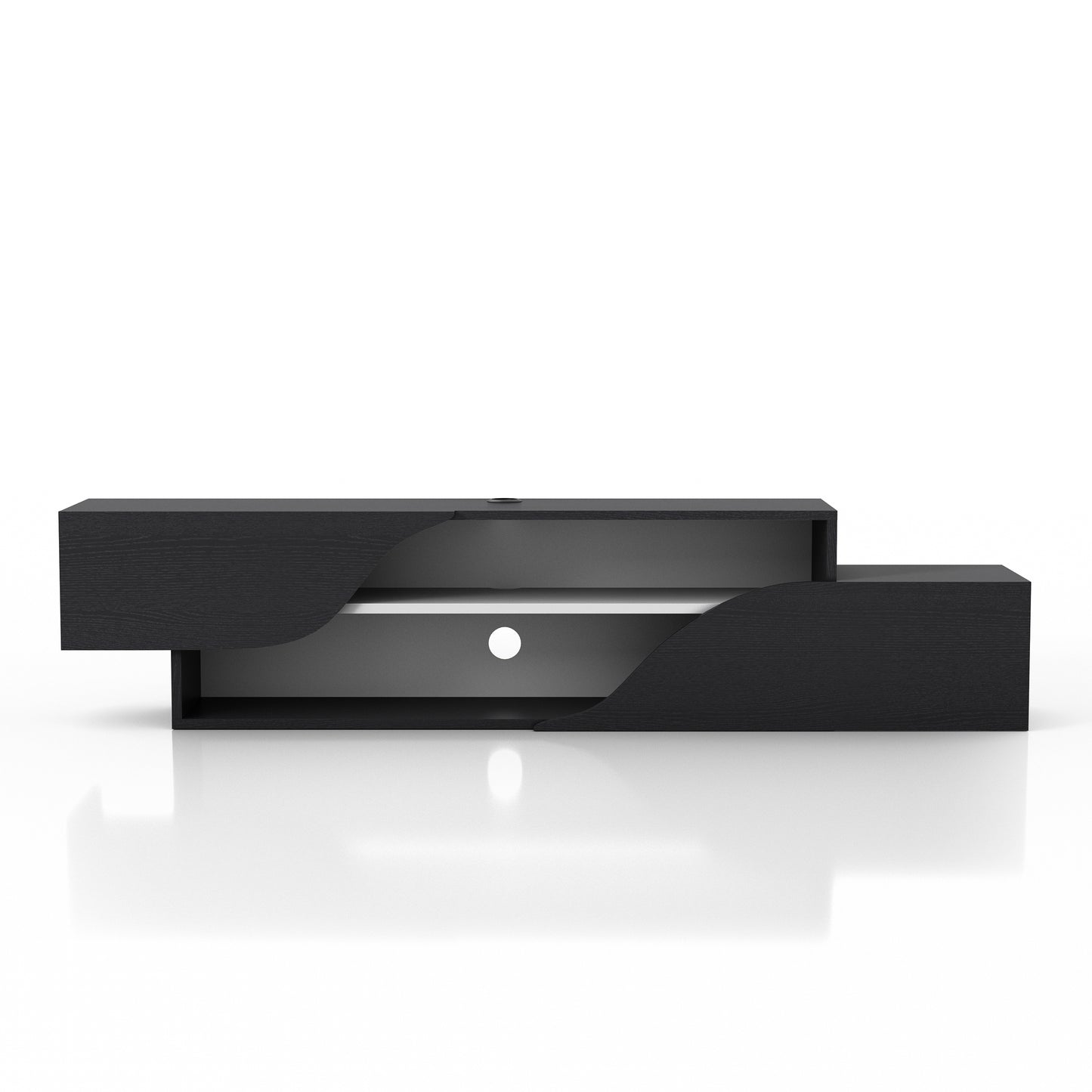 Front-facing transitional black and white two-shelf floating TV stand on a white background