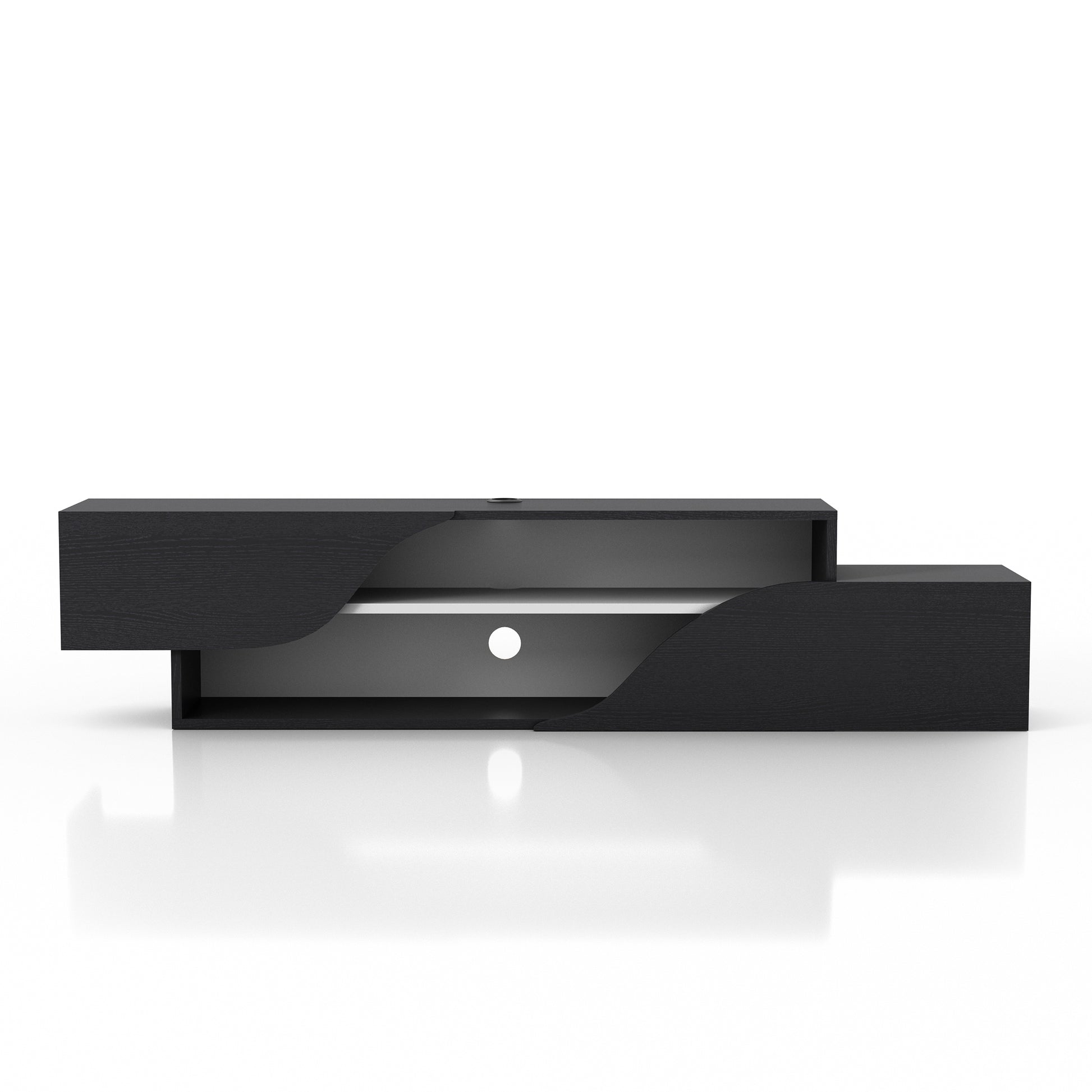 Front-facing transitional black and white two-shelf floating TV stand on a white background