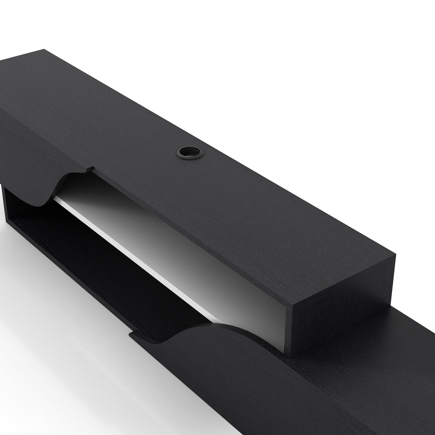 Left angled close-up view of a transitional black and white two-shelf floating TV stand on a white background